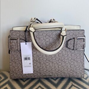 Calvin Klein Tan Cream Shoulder Bag with Monogram Pattern